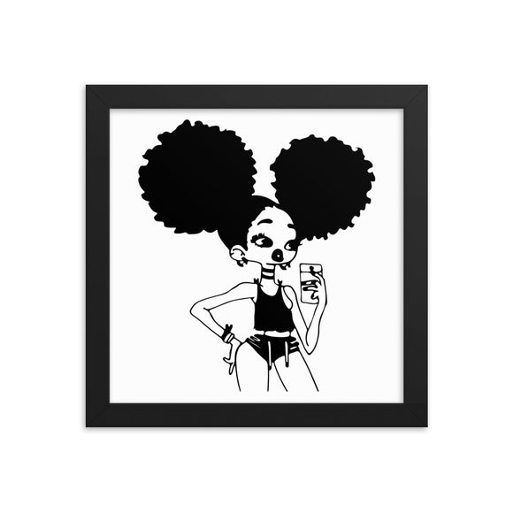 Afro girl taking mirror selfie Framed poster